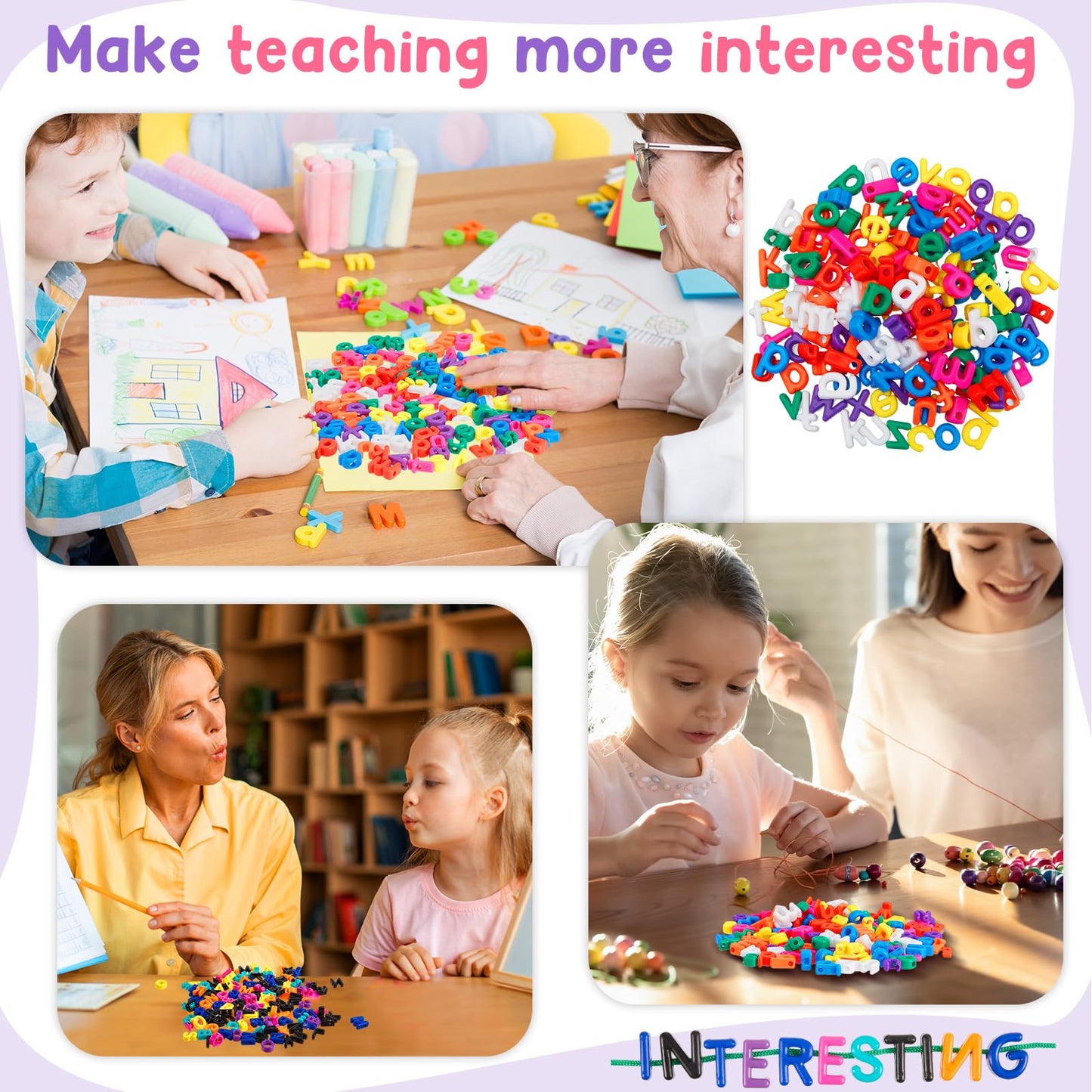 Wesiti 408 Pcs Lacing Letters Alphabet Learning Toys Toddler ABC Alphabet Beads Lacing Toy Fine Motor Skills Toys for Preschool Games Homeschool Supplies Early Spelling (Lowercase Uppercase Letters)