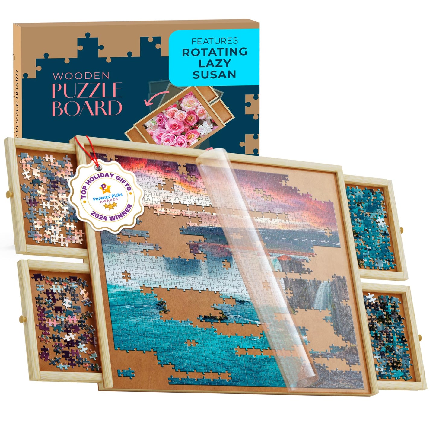 1000 Piece Wooden Jigsaw Puzzle Board - 4 Drawers, Rotating Puzzle Table | 30” X 22” | Puzzles Cover Included - Portable Tables For Adults And Kids By Beyond Innoventions