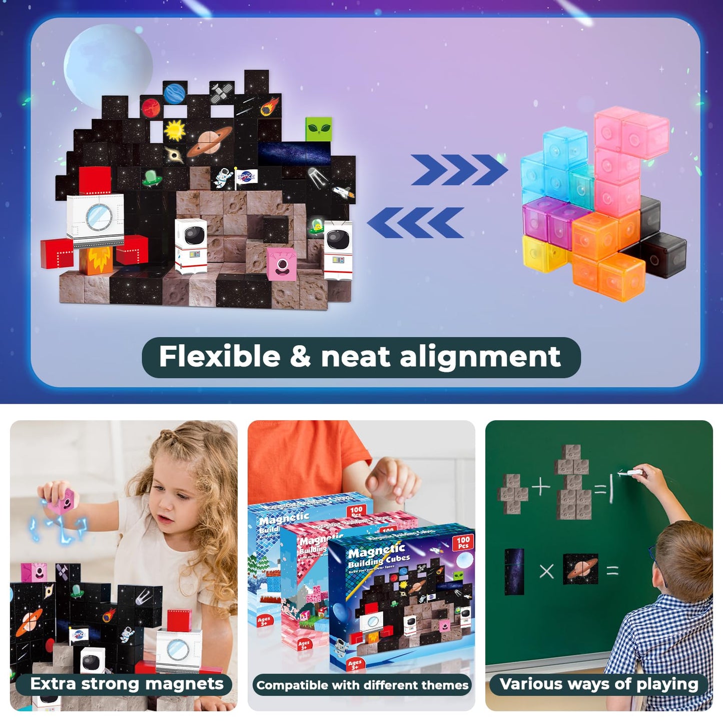 Goody King 100Pcs Space Rocket Magnetic Building Blocks |Space Adventure Magnetic Tile Set, Stem Montessori Stacking Toy, Building Playsets For Boys And Girls Ages 3-10,Sensory Tile Building Christmas