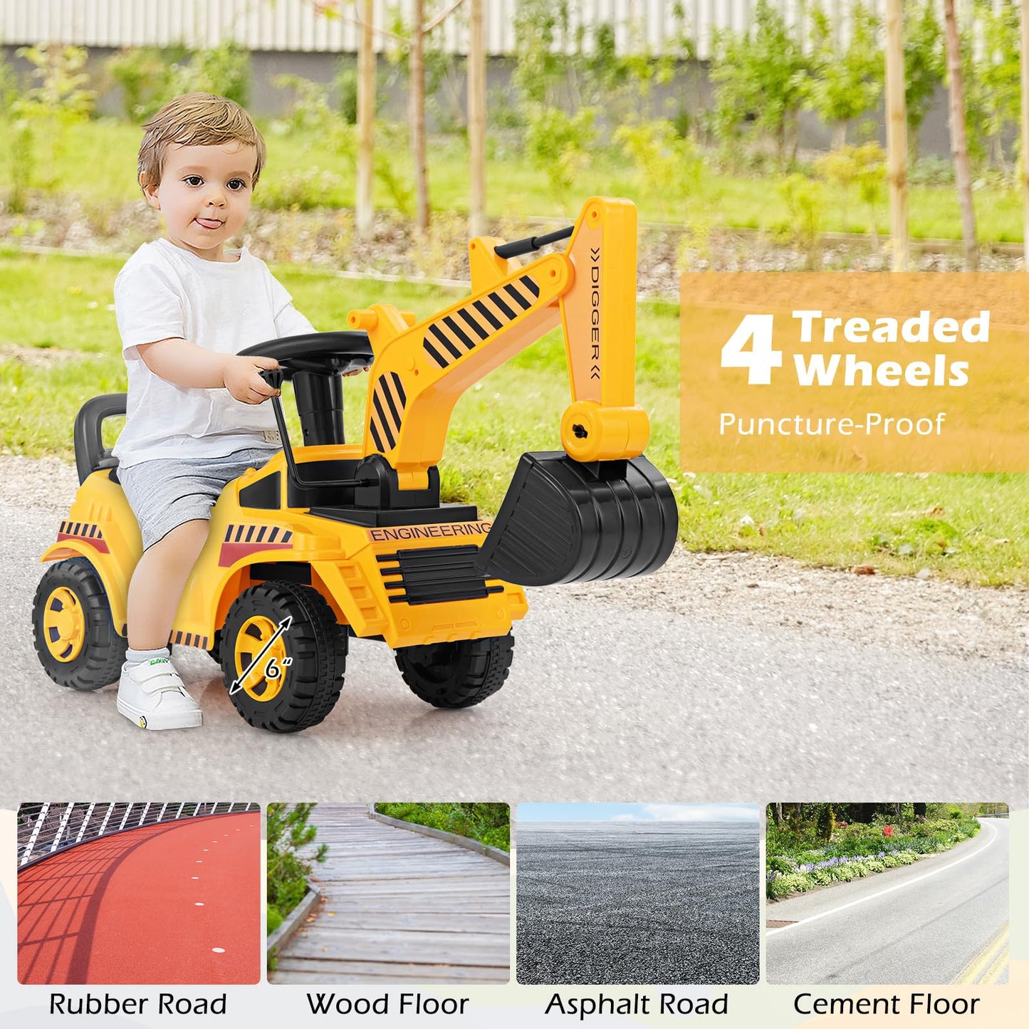 HONEY JOY Ride On Excavator for Toddlers - Outdoor Digging Toy, Yellow, No Power, Storage, Fun Construction Vehicle for Kids
