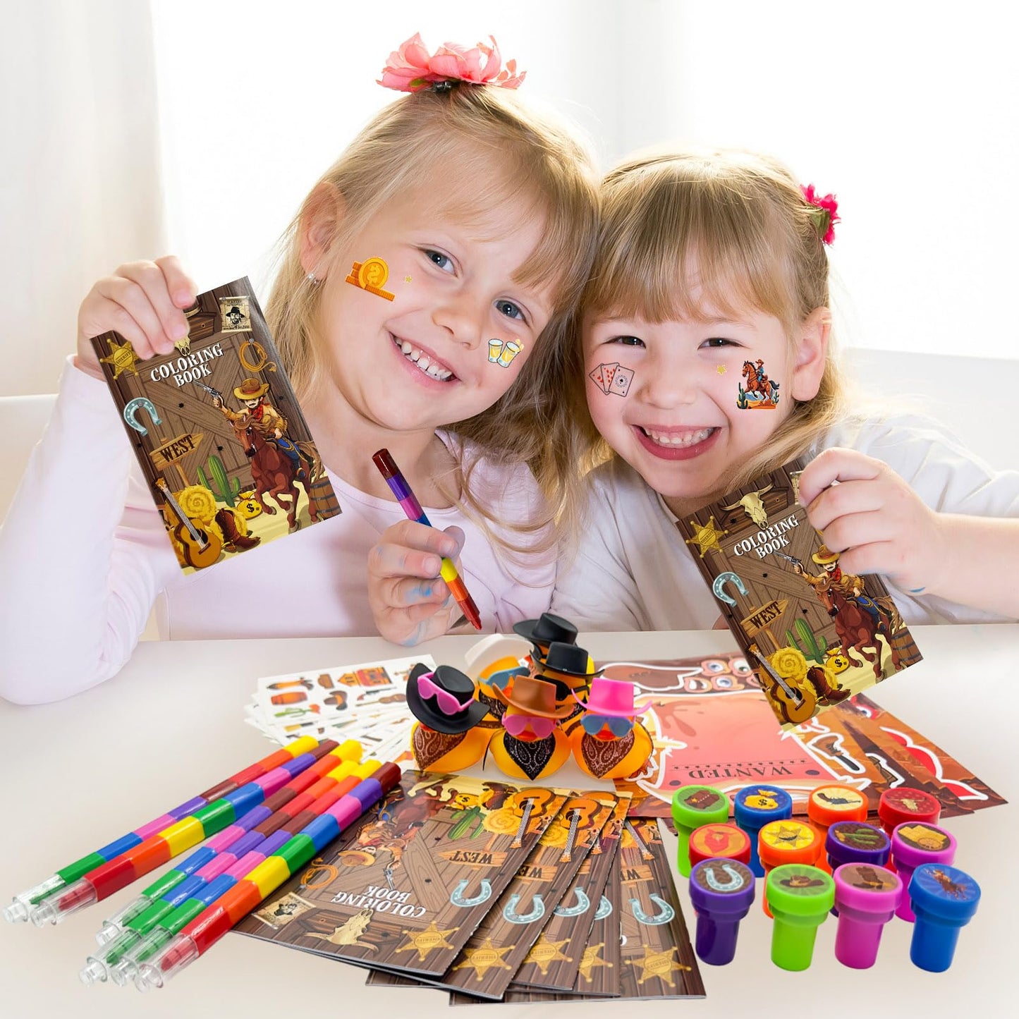 Cinrobiye 144 Pcs Western Cowboy Party Favors, Wild West Coloring Books, Stickers, Tattoos, Stampers, Rubber Ducks, Rainbow Penc