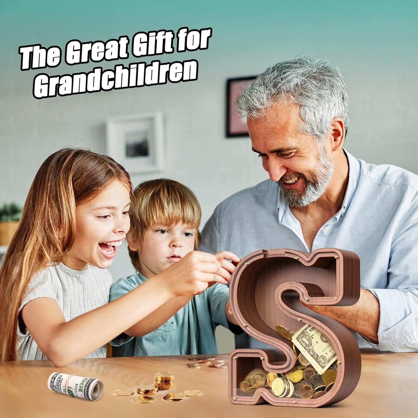 Summidate Wooden Letter Piggy Bank  Extra Thick Large Capacity Piggy Bank for Kids Boys Girls Toddler  Alphabet S Money Bank| Coin Box Birthday  Christmas  Festival