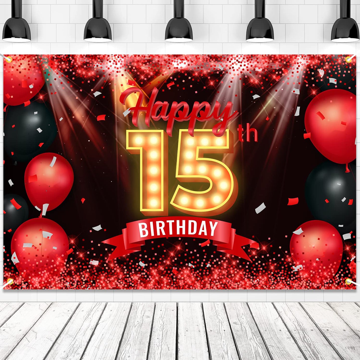 Happy 15th Birthday Banner Backdrop Red and Black 15 Years Old Background Bday Decorations for Girls Boys Photography Party Supp