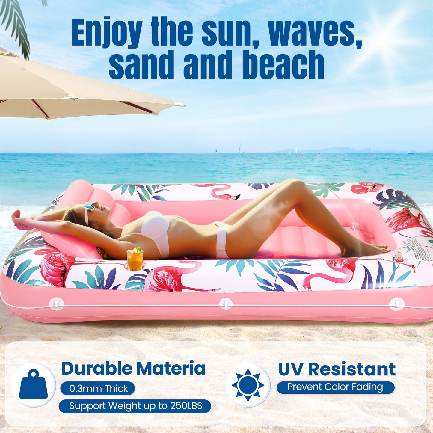 enhanced Inflatable Tanning Pool Lounger Lake Flamingo Pool Float Floaties for mature-themeds - Comfortable Design with Cup Holders and Headrest - Perfect for Beach Parties  Lake Lounging  and Tanning