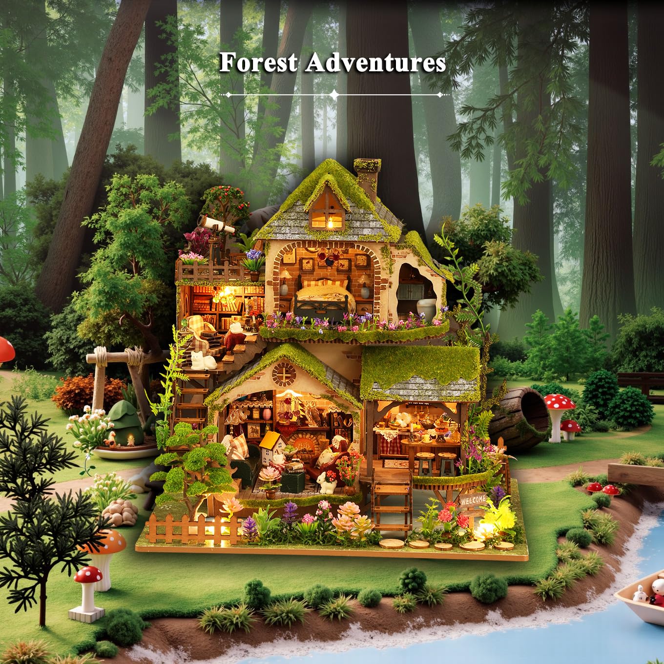 RHZN Miniature House Kit - DIY Dollhouse Building Kit for Adults - Wooden Forest Adventure