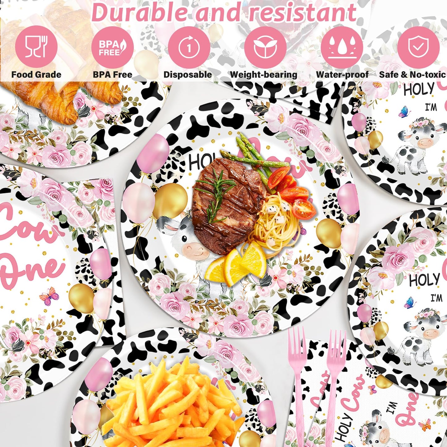 Gisgfim 96Pcs Holy Cow I'M One Party Supplies Pink Cow Print Paper Plates Napkins Cow First Party Tableware Set Cow Floral Dinne
