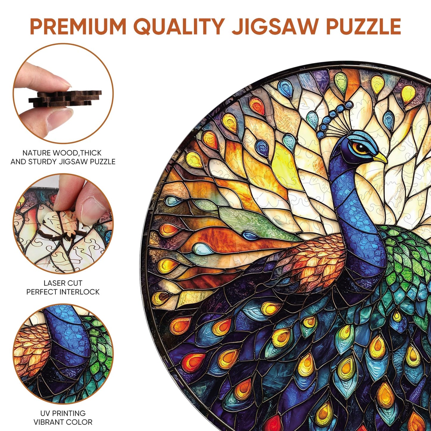 Qiuenisray Wooden Puzzles for mature-themeds  Stained Glass Peacock Jigsaw Puzzles  200 Pieces Unique Shape mature-themed Puzzles  Irregular Christmas Thanksgiving Gifts for Family Friend (11.2 x 11.2 in)