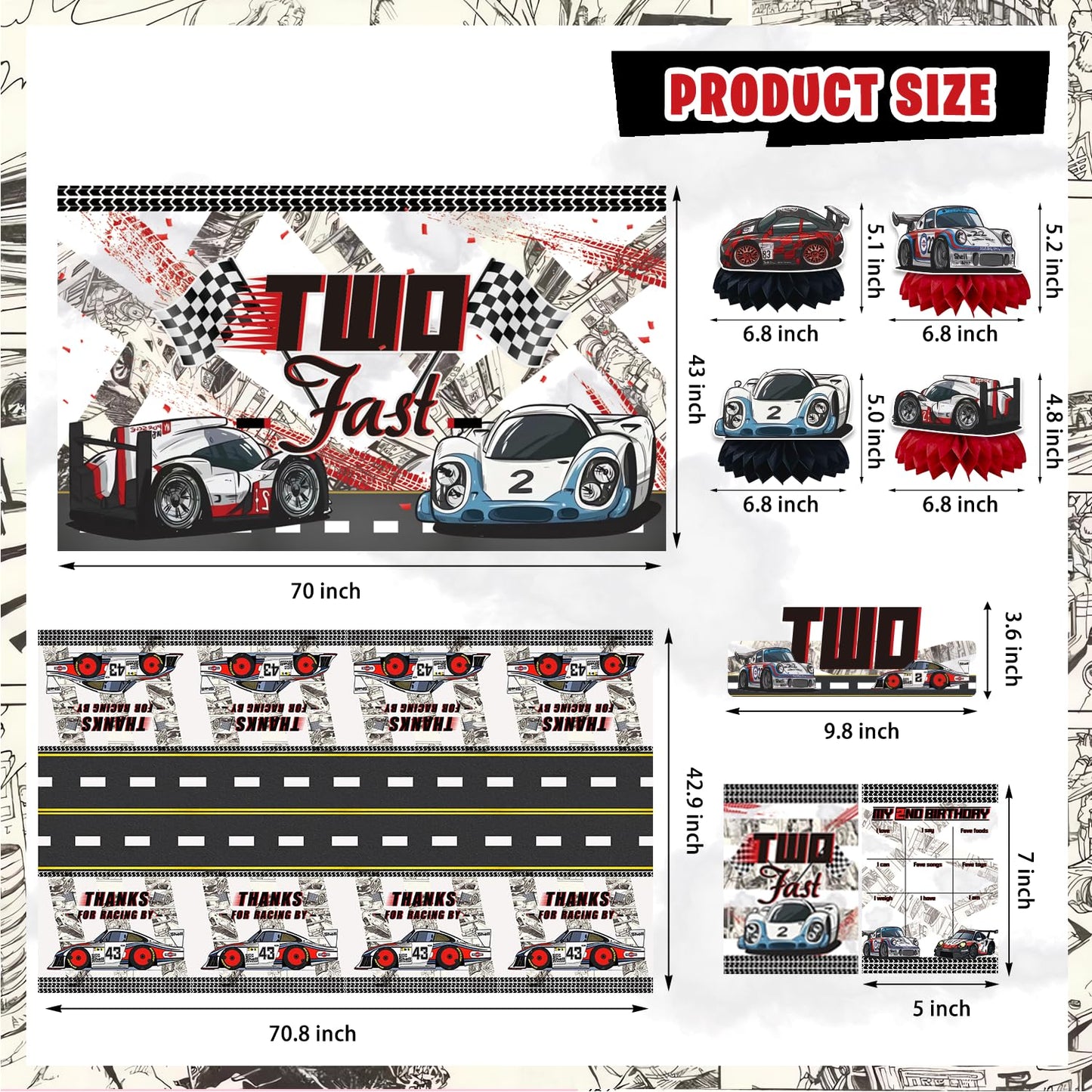 Mpanwen Two Fast Birthday Decorations For Boys, 153 Pcs Race Car Birthday Party Supplies - Backdrop, Toppers, Cupcakes Wrappers,