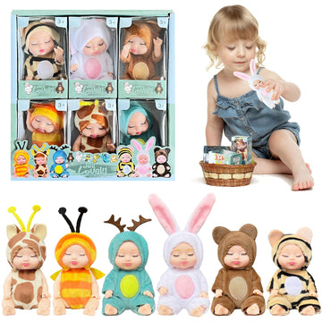 Woozettn 6 Pcs Mini Baby Dolls,4 Inch Realistic Small Baby Doll Toys With Animal Clothes,Cute Tiny Babies Gifts For Girls Kids Baby Shower Easter Basket Valentine