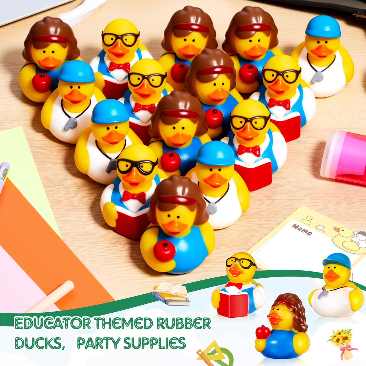 Deekin 48 Pcs Teacher Themed Party Favors Rubber Ducks 2 Inch School Educator Events Award Gifts for Teacher Appreciation Cute I