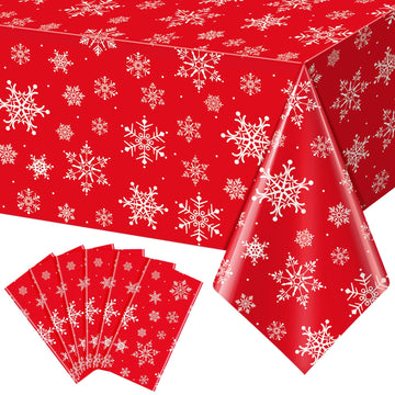Jectivs 6 Pieces Christmas Snowflake Plastic Party Tablecloth Decorations,White Snowflake Red Xmas Backdrop Sign Table Cover Ban