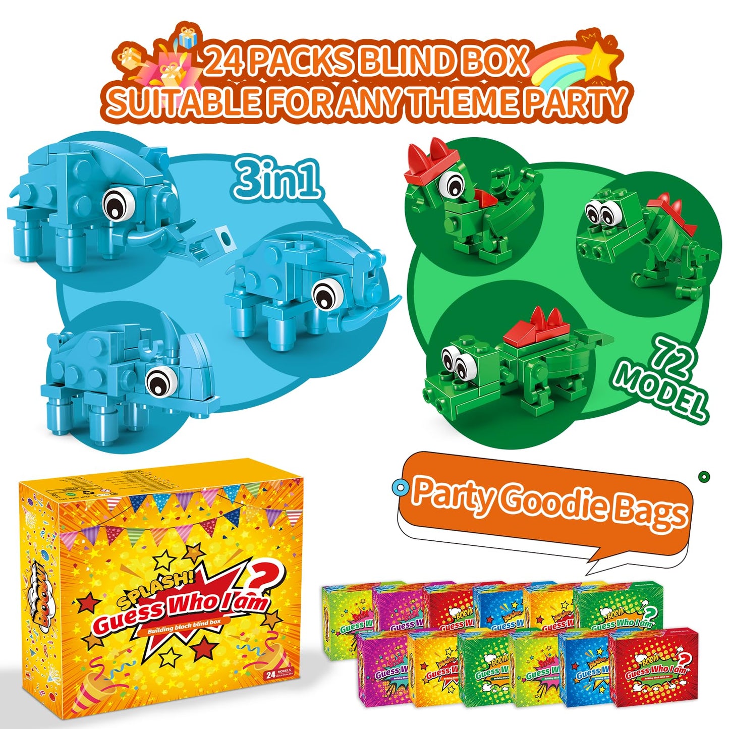 Party Favors For Kids - 24 Pack 72 Kinds Of Animals Building Block Toy Goodie Bags Classroom Carnival Prizes Stuffers Easter Gif