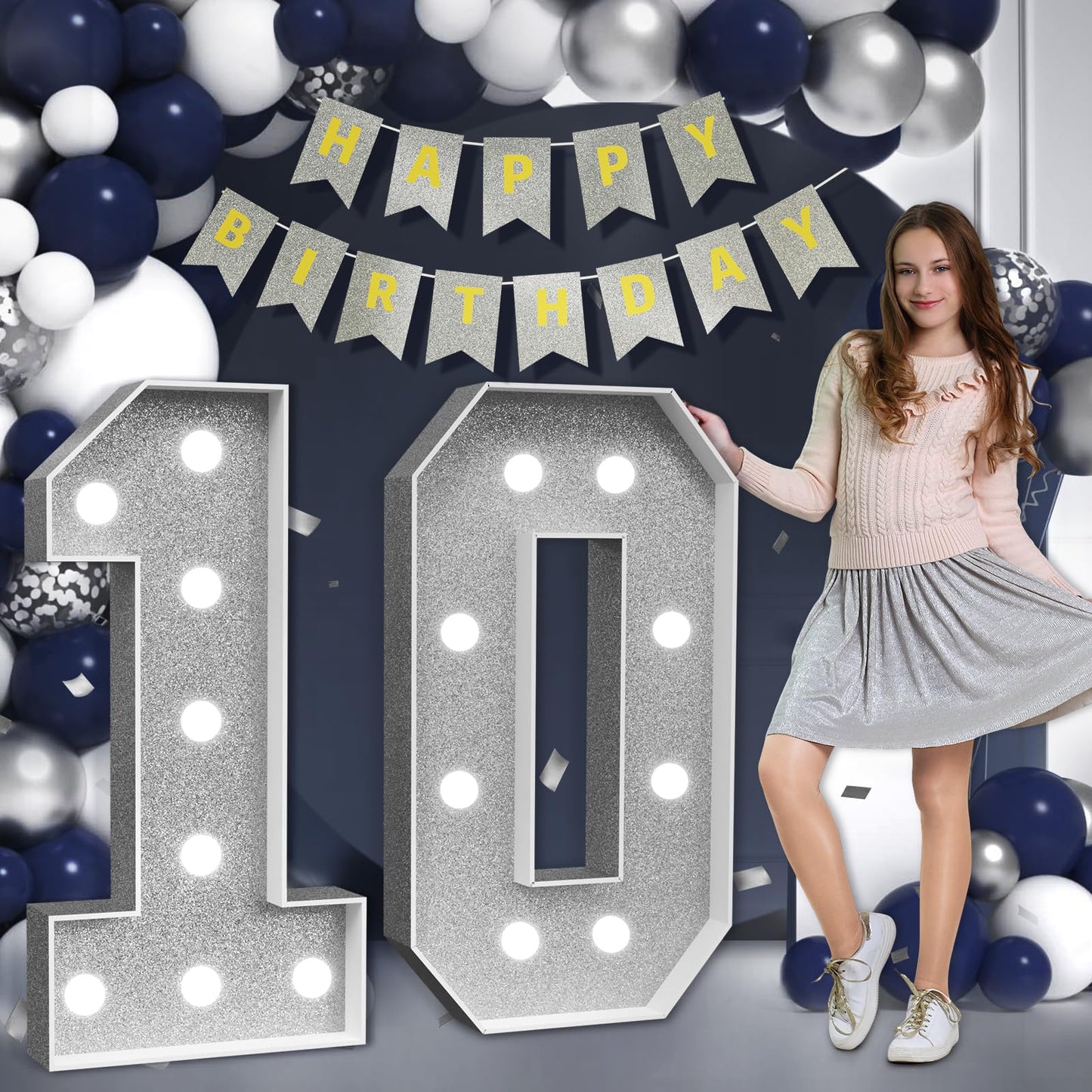 Marquee Numbers Silver 10Th-Birthday Decorations: Large 3Ft Light Up Number Grey 10 Birthday Decoration For Boy Girl Ten Year Ol