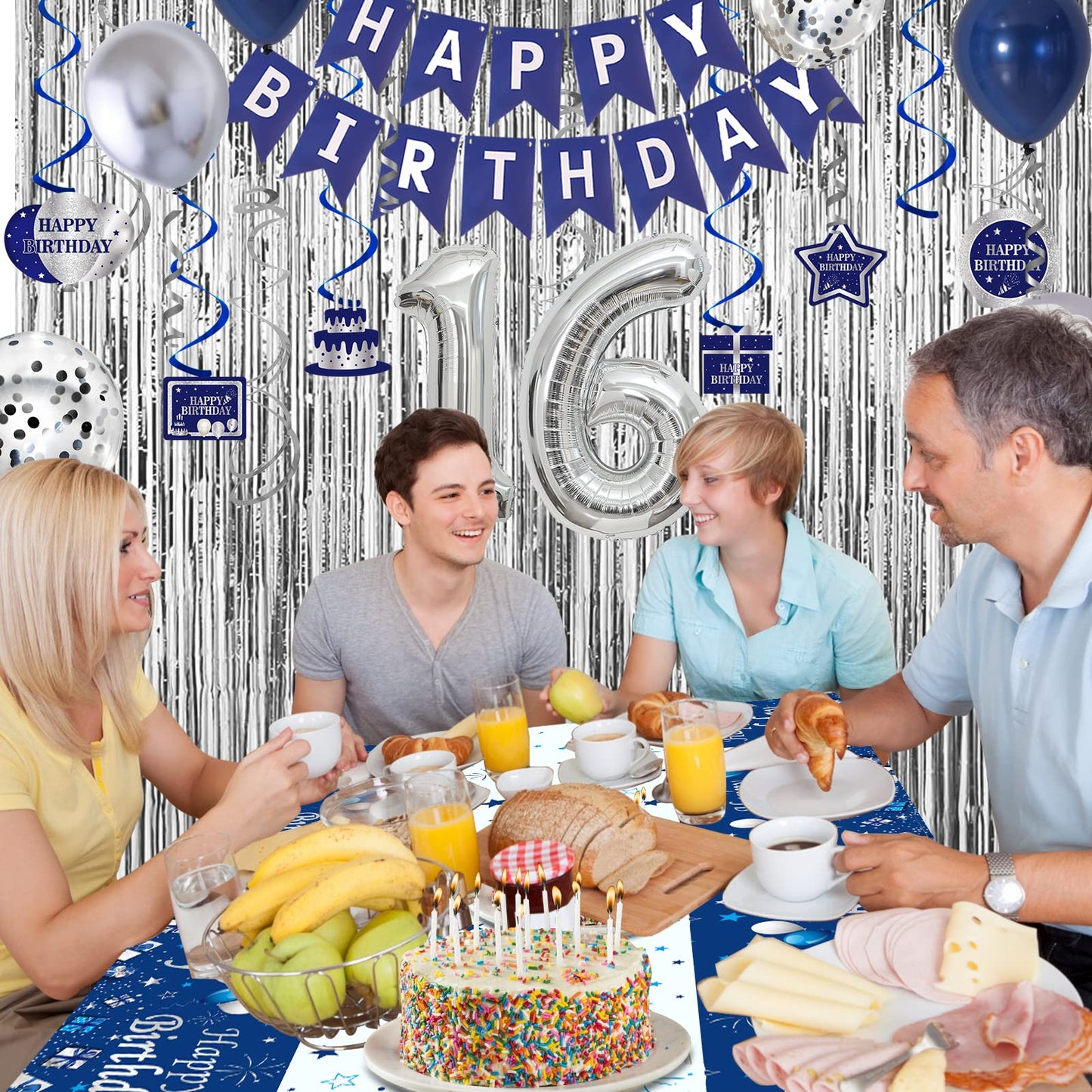 16Th Birthday Decorations For Boys And Girls Blue Silver, Happy 16Th Birthday Decorations Banner Birthday Balloons Number 16 Tab