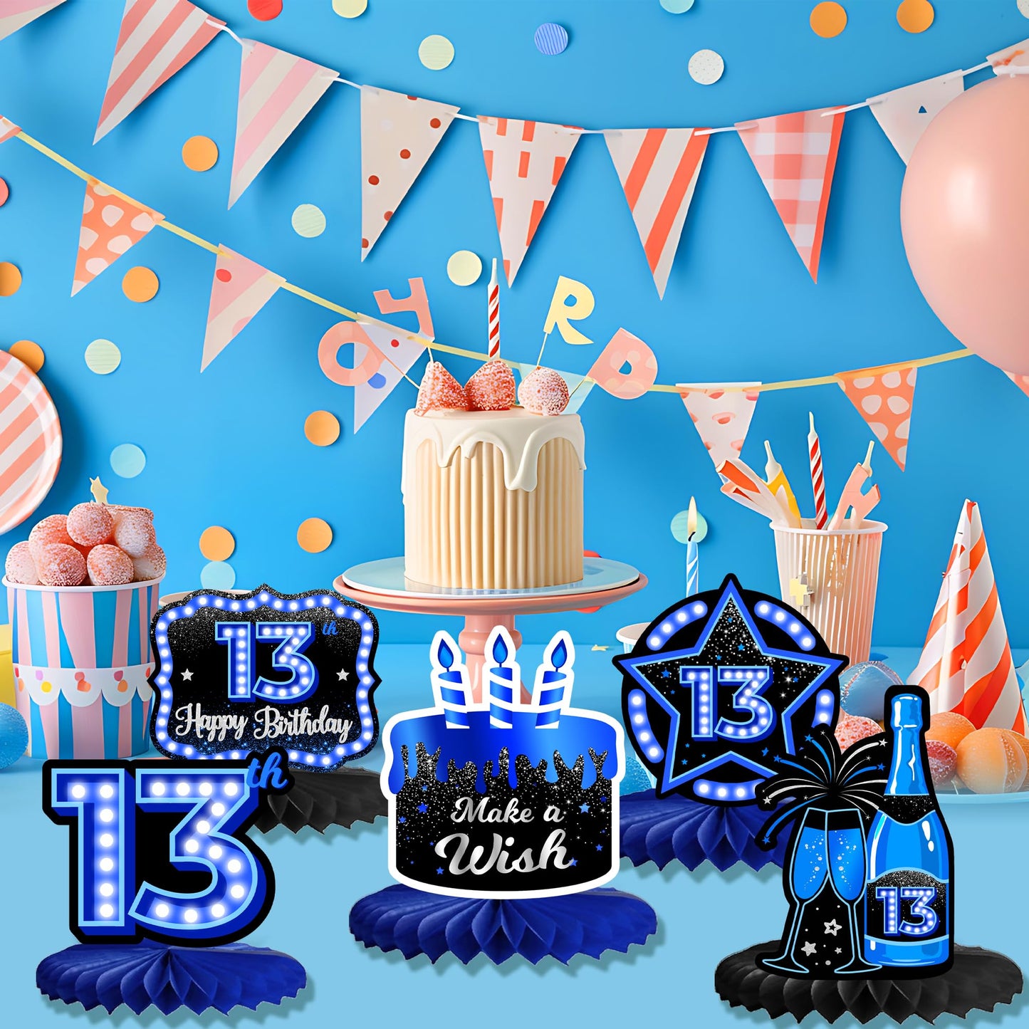 Happy 90th Birthday Honeycomb Centerpieces 9Pcs Stylish Sophisticated Blue Neon Theme Table Decor for Boys Girls Birthday Party