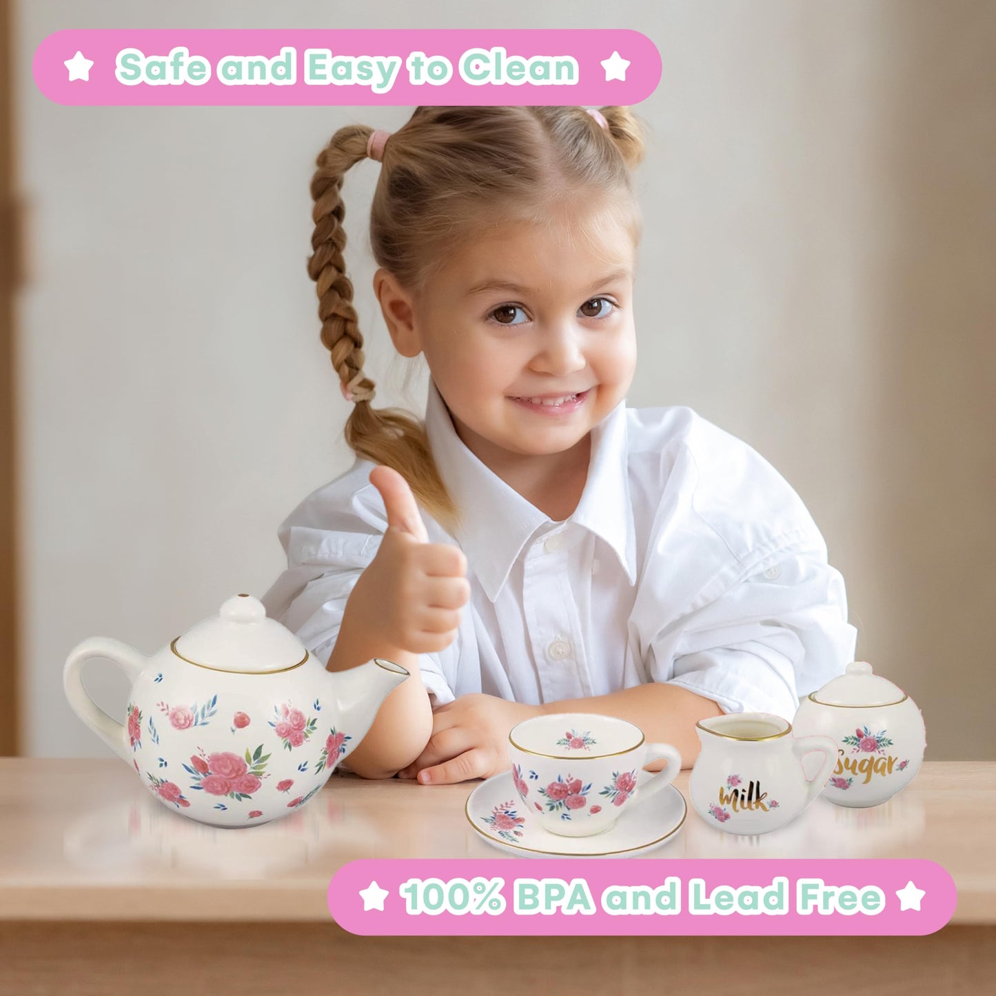 Jewelkeeper Porcelain Tea Set for Girls - 13 Pieces, Pink Ceramic Cups, Floral Design, Ideal Gift for Ages 3+ - Model D1301