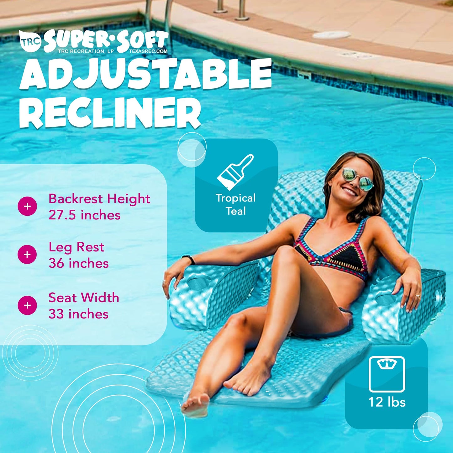 Trc Recreation Super Soft Adjustable Pool Recliner Float Portable Comfortable Chair Lounger With Cup Holders For Swimming Pool Essentials, Teal