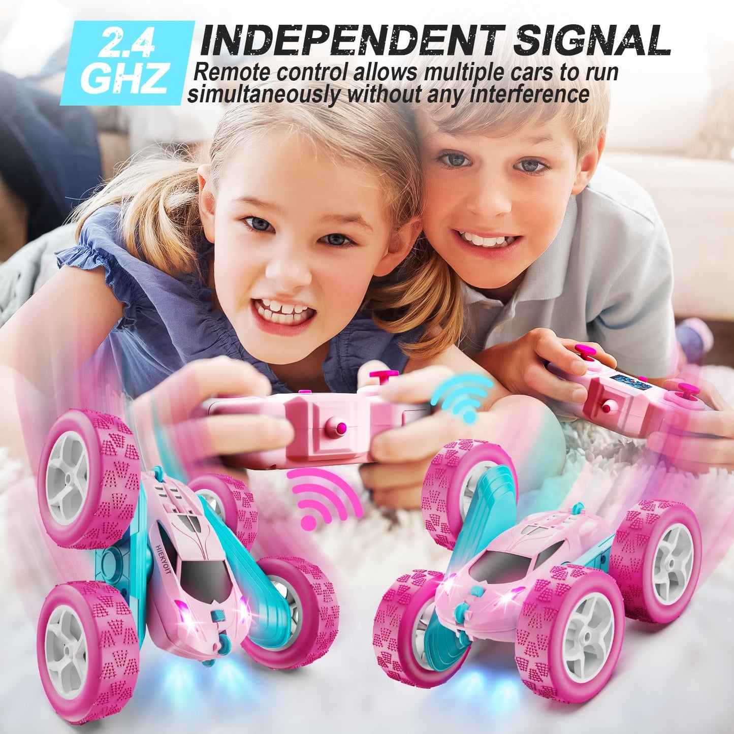 HIEKYOIT Remote Control Car, Pink RC Cars for Girls, 2.4 GHZ Double Sided RC Stunt Car 360 Rotating Remote Control Crawler with