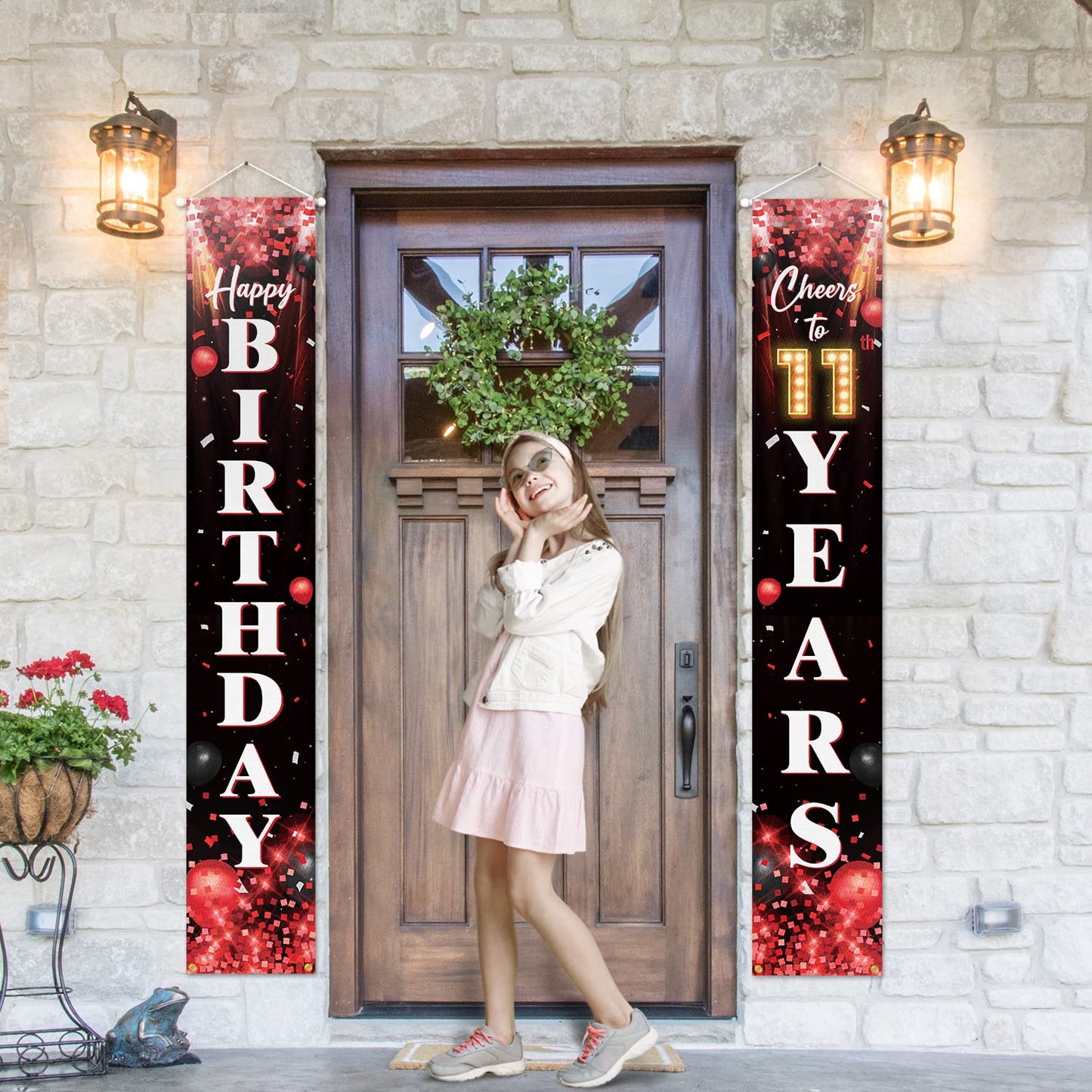 Happy 11Th Birthday Porch Sign Door Banner Decor Red And Black - Glitter Cheers To 11 Years Old Birthday Party Theme Decorations