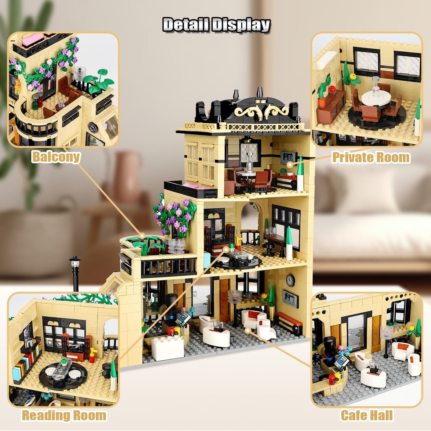 City Coffee Shop Building Blocks Set  Compatible with Lego  Modular Architecture Three-Story House Building Blocks for mature-themed (1443pcs)