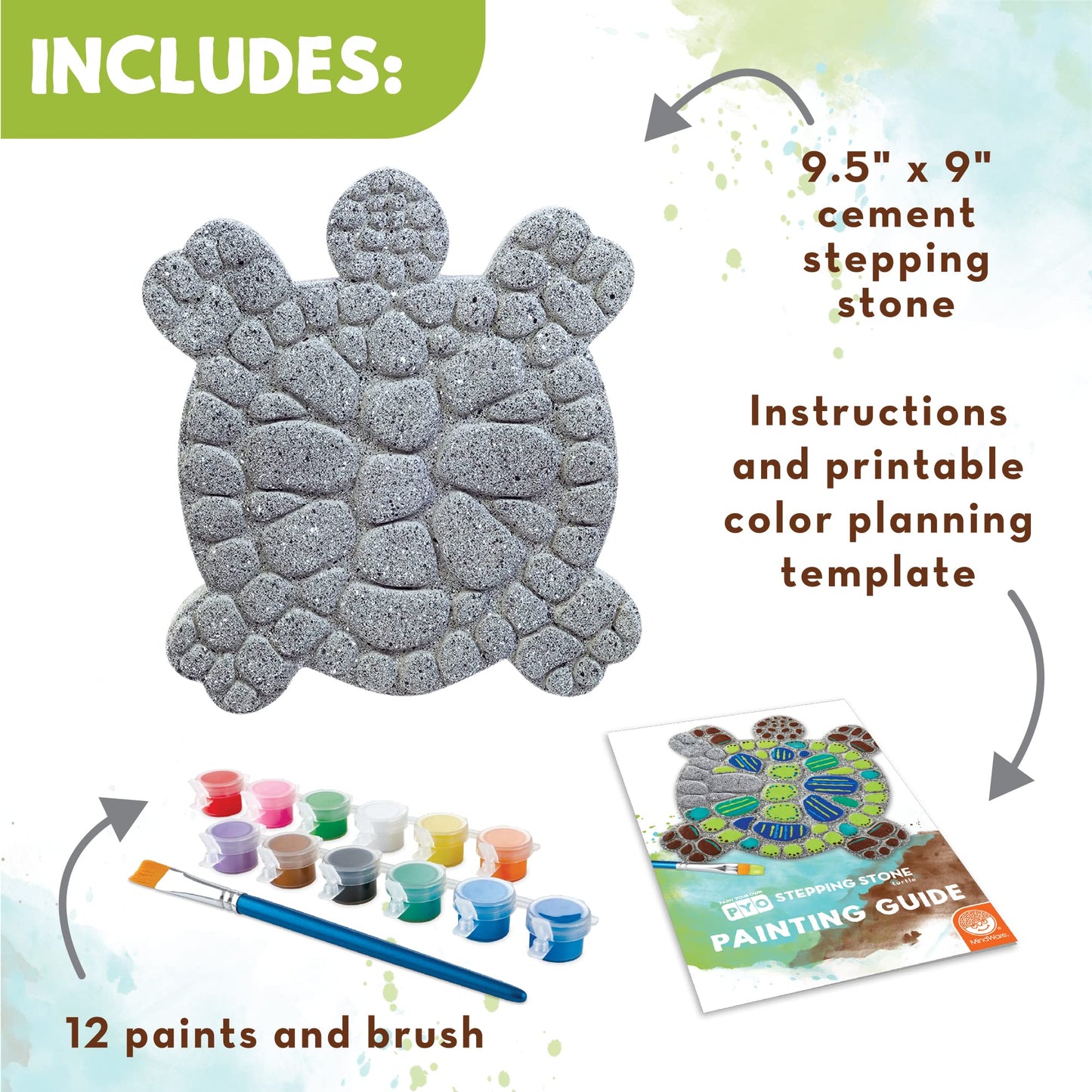 MindWare Paint Your Own Stepping Stone: Turtle - Paint Your Own Stepping Stones for Kids Craft Kit Includes Paint, Brushes and I