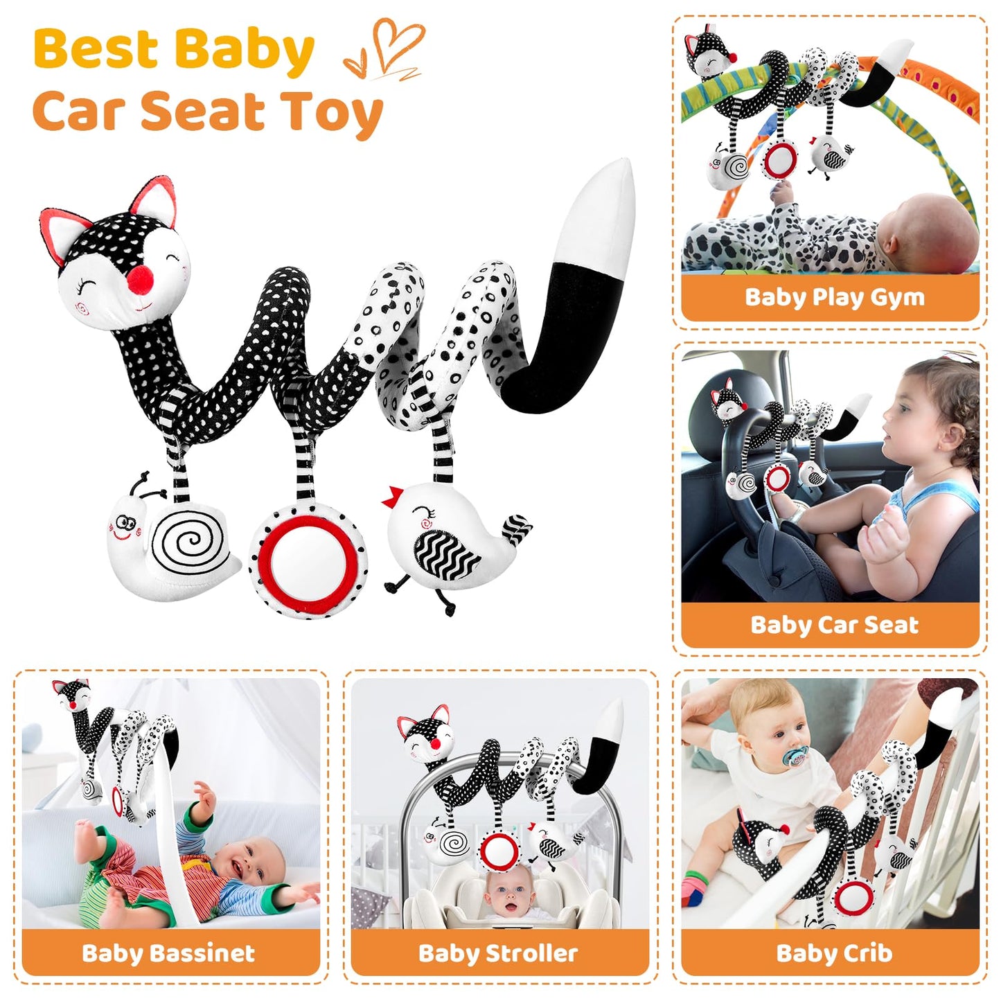 Fati Car Seat Toys For Babies 0-6 Months, Carseat Toys Hanging Toys For Newborns, Black And White High Contrast Toy For Baby 0-3