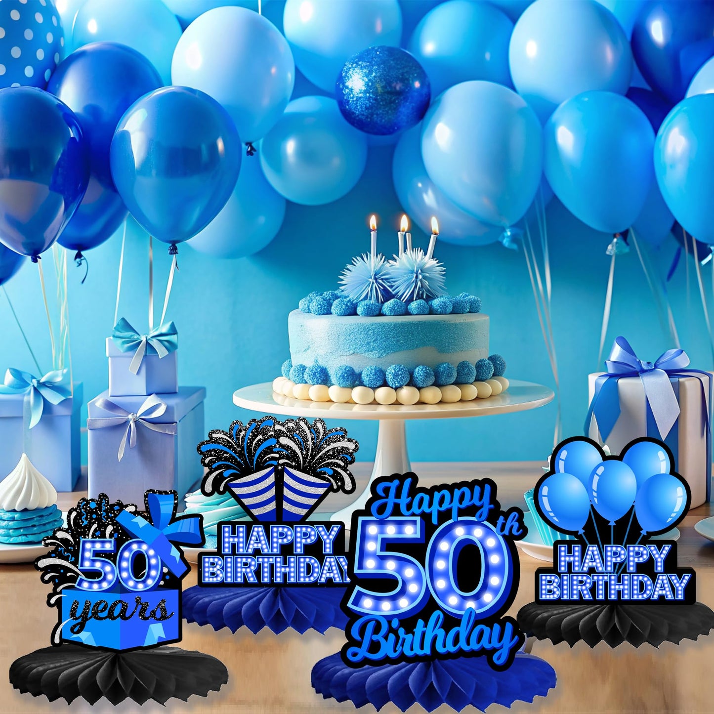 Happy 50th Birthday Honeycomb Centerpieces 9Pcs Stylish Sophisticated Blue Neon Theme Table Decor for Boys Girls Birthday Party