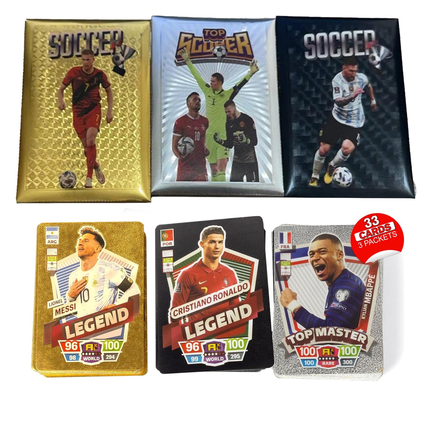 Soccer Trading Cards 2024-25 | 3 Packs - 33 Collectible Football Cards For Fans & Players Black, Gold & Silver Soccer Mystery Ca