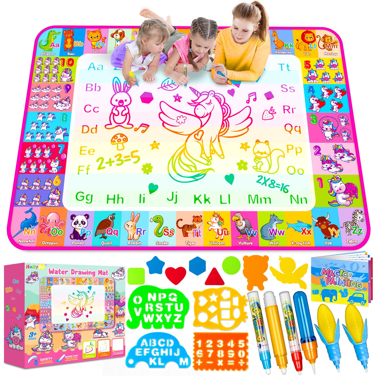 Aqua Water Doodle Mat - Kids Drawing Mat Toddlers Educational Toys For Age 3 4 5 6 7 8 Year Old Boys Girls Gifts - Neon Color Mat Doodle Board Writing Drawing Toys Holiday Christmas Birthday Gifts