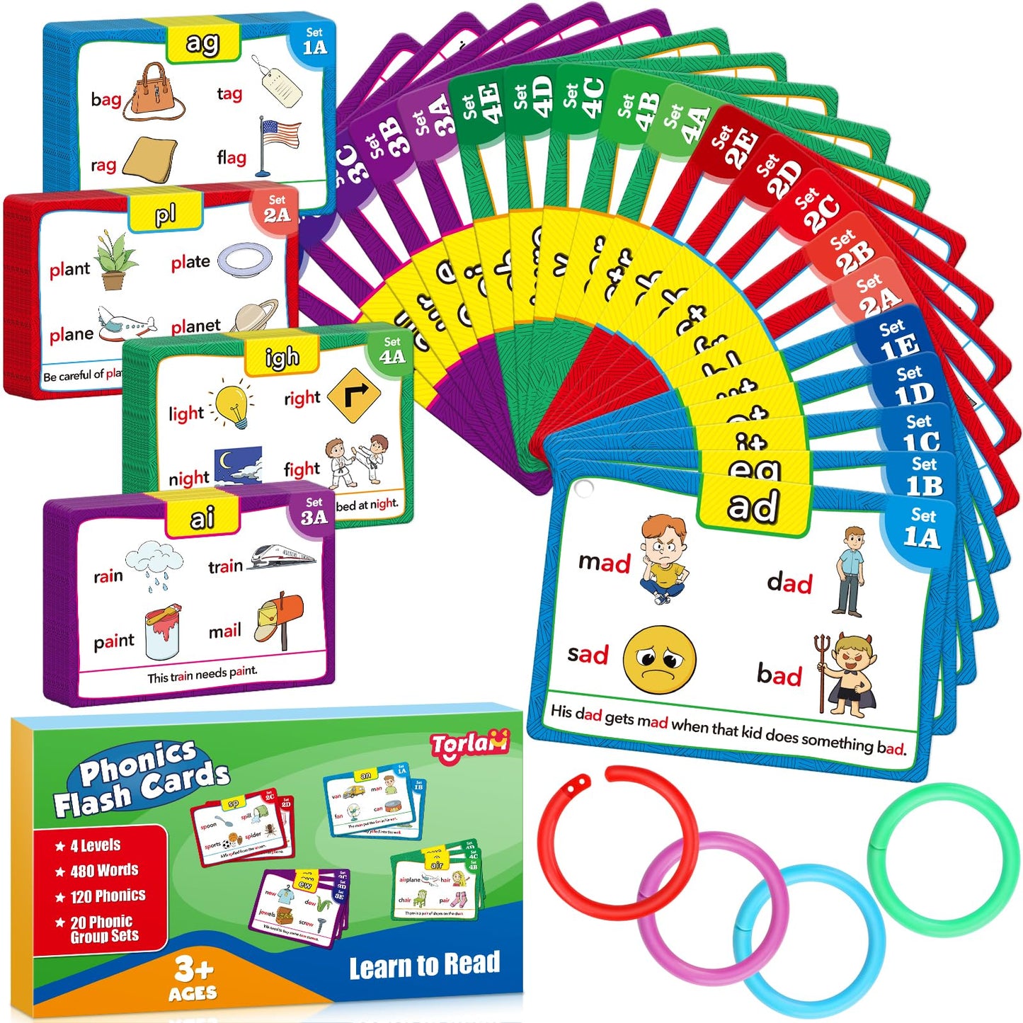 Torlam Phonics Flash Cards Learn To Read Spelling Reading Sight Words Phonics Games, Digraphs Cvc Blends Long Vowel Sounds Kids Dolch Fry Site Words For Pre-K Kindergarten 1St 2Nd 3Rd Homeschool