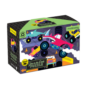 Mudpuppy Monster Trucks - 100 Piece Glow In The Dark Puzzle With Colorful Scene Of Cars And Trucks And Hidden Puzzle Details In