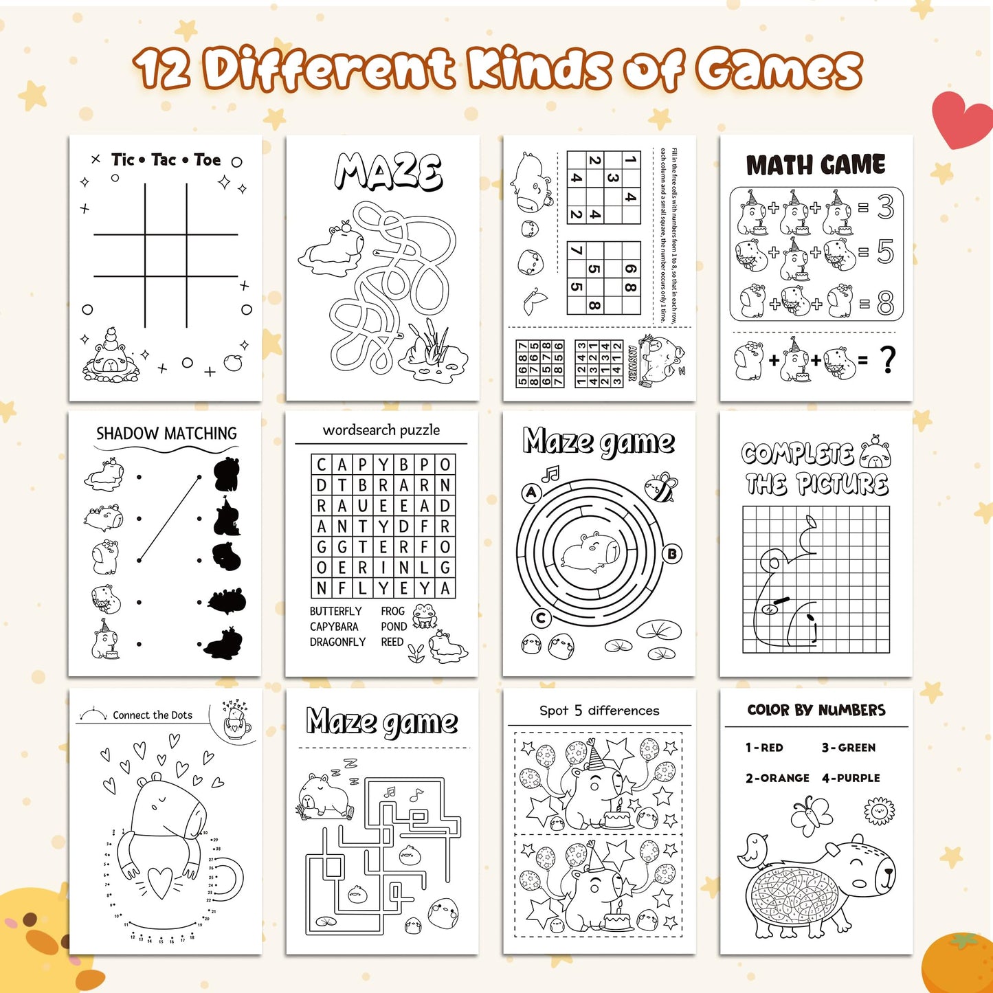 Capybara Activity Books for Kids - 24Pcs Cute Capybara Mini Games Coloring Book Set Bulk Cartoon Animal Mazes Word Search Word S