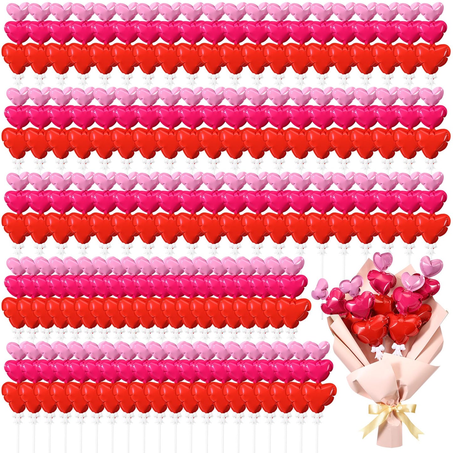 Jenaai 100 Pcs Valentine s Day Heart Shaped Balloons Self Inflatable Heart Balloons with Bow Rod Stem 3 in 1 Love Mini Valentin