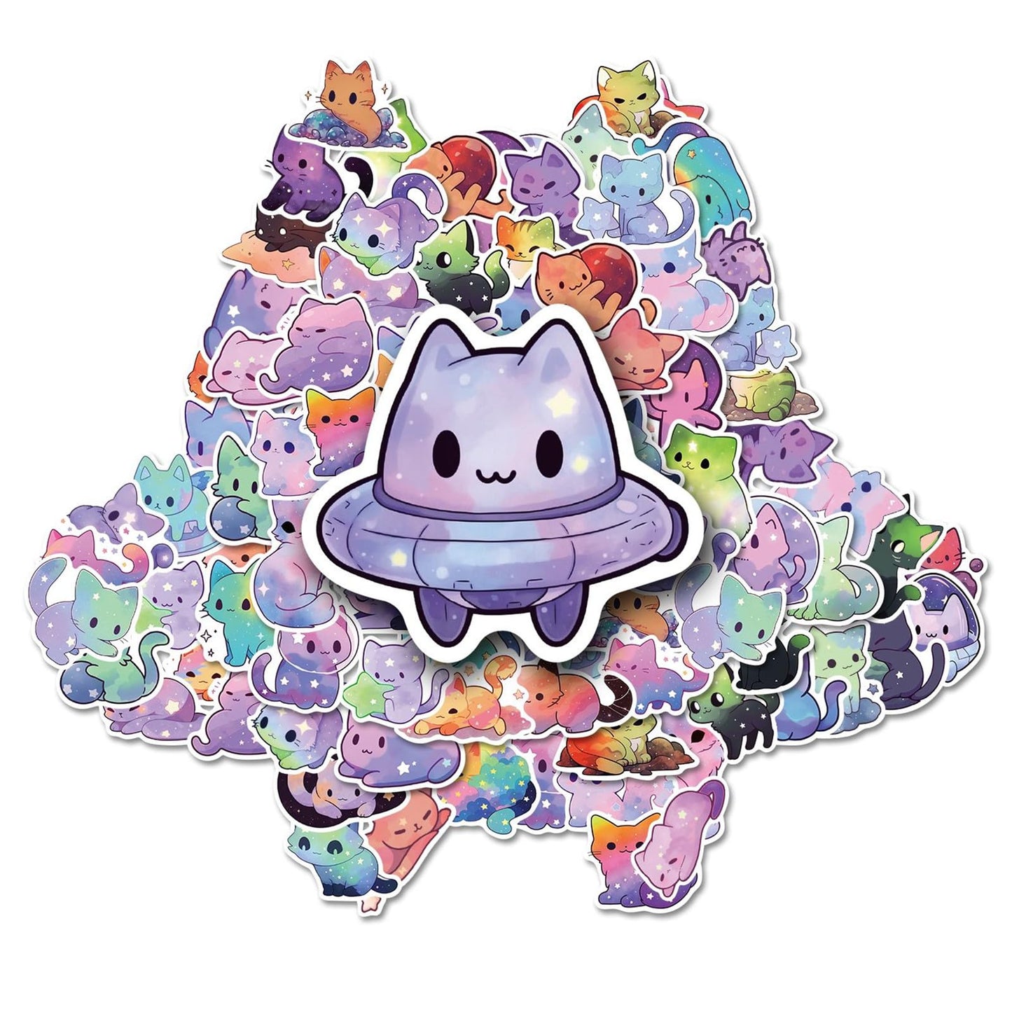 50Pcs Cartoon Rainbow Starry Sky Cat Stickers For Kids, Cartoon Theme Stickers, Vinyl Waterproof Stickers For Adults Funny Decals Stickers For Water Bottle Gifts Stuff For Computer Laptop (Cat)