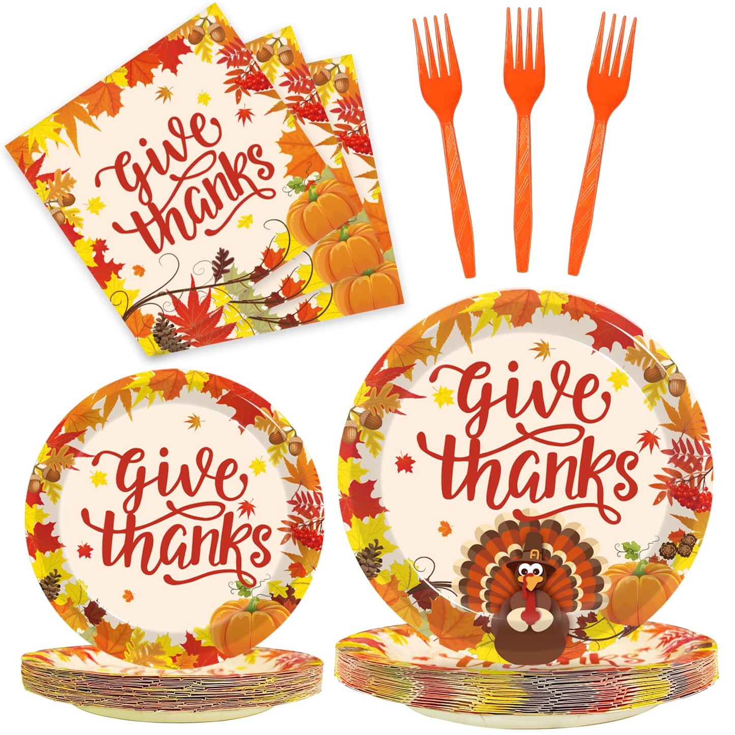 Kepeel 96 Pcs Fall Thanksgiving Party Supplies Give Thanks Party Plates Fall Pumpkin Turkey Autumn Party Plates Napkins Set Disp
