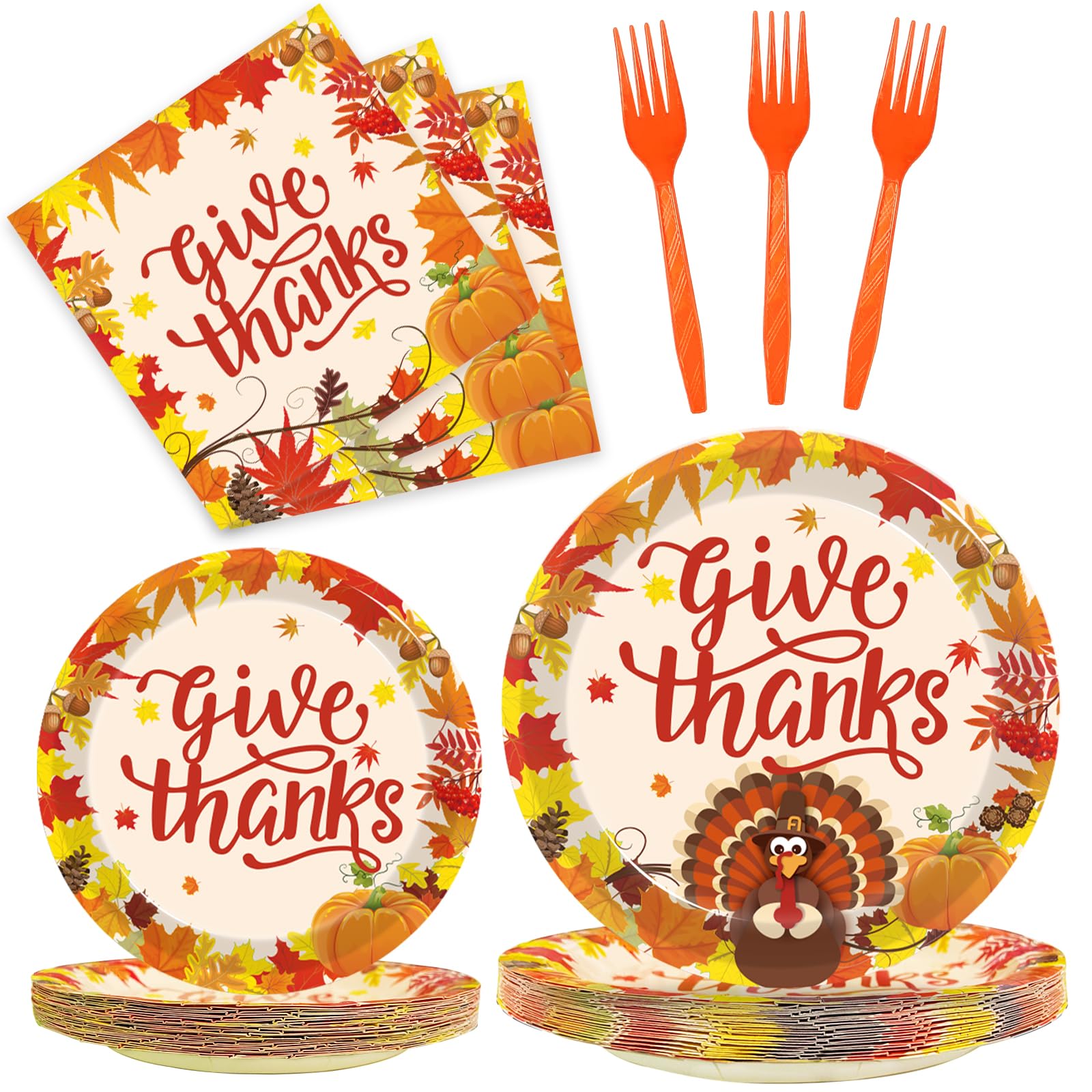 Kepeel 96 Pcs Fall Thanksgiving Party Supplies Give Thanks Party Plates Fall Pumpkin Turkey Autumn Party Plates Napkins Set Disp