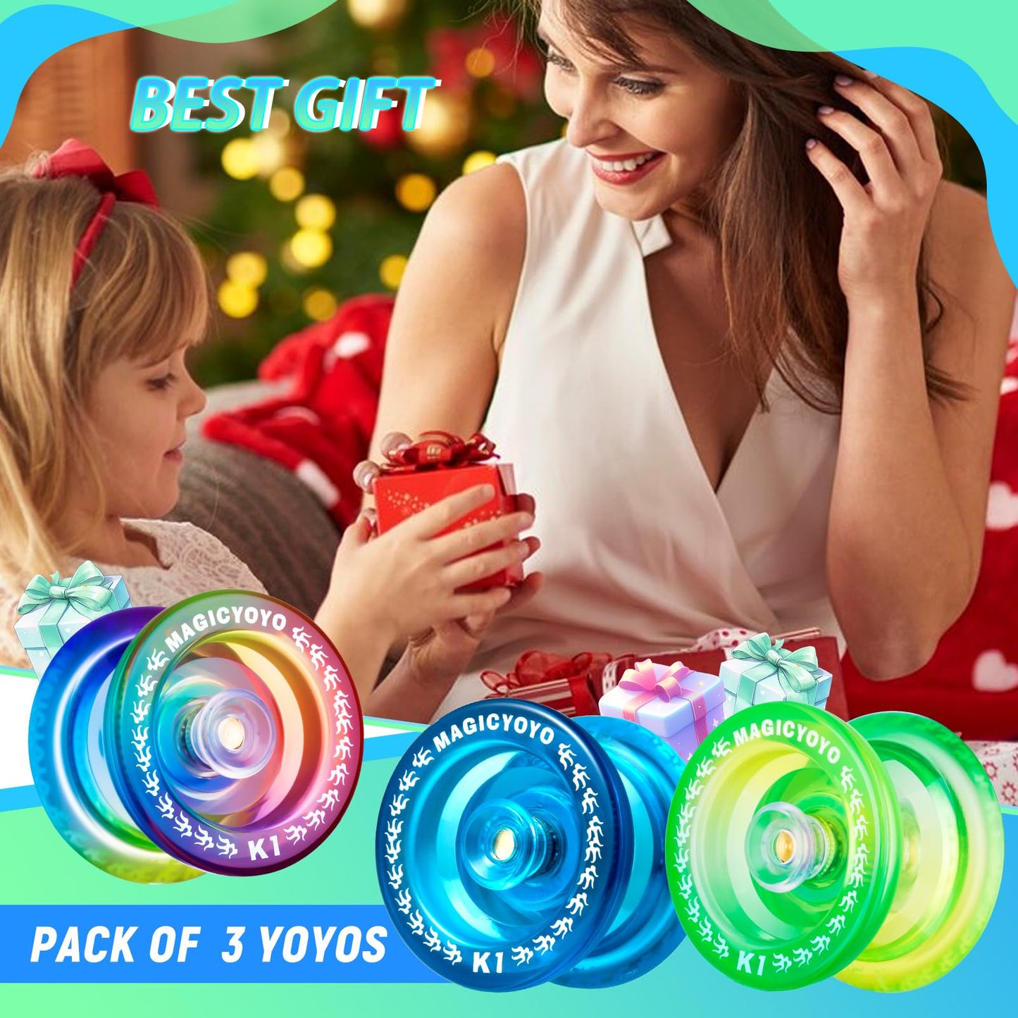 MAGICYOYO Pack of 3 Responsive Yoyos K1 Tug Return Hubstacks Yo-yo for Kids Beginners Dual Purpose with Unresponsive Bearings Kit + 3 Bags+18 Yoyo Strings(Crystal Blue +Green Yellow +Blue Pink Yellow)