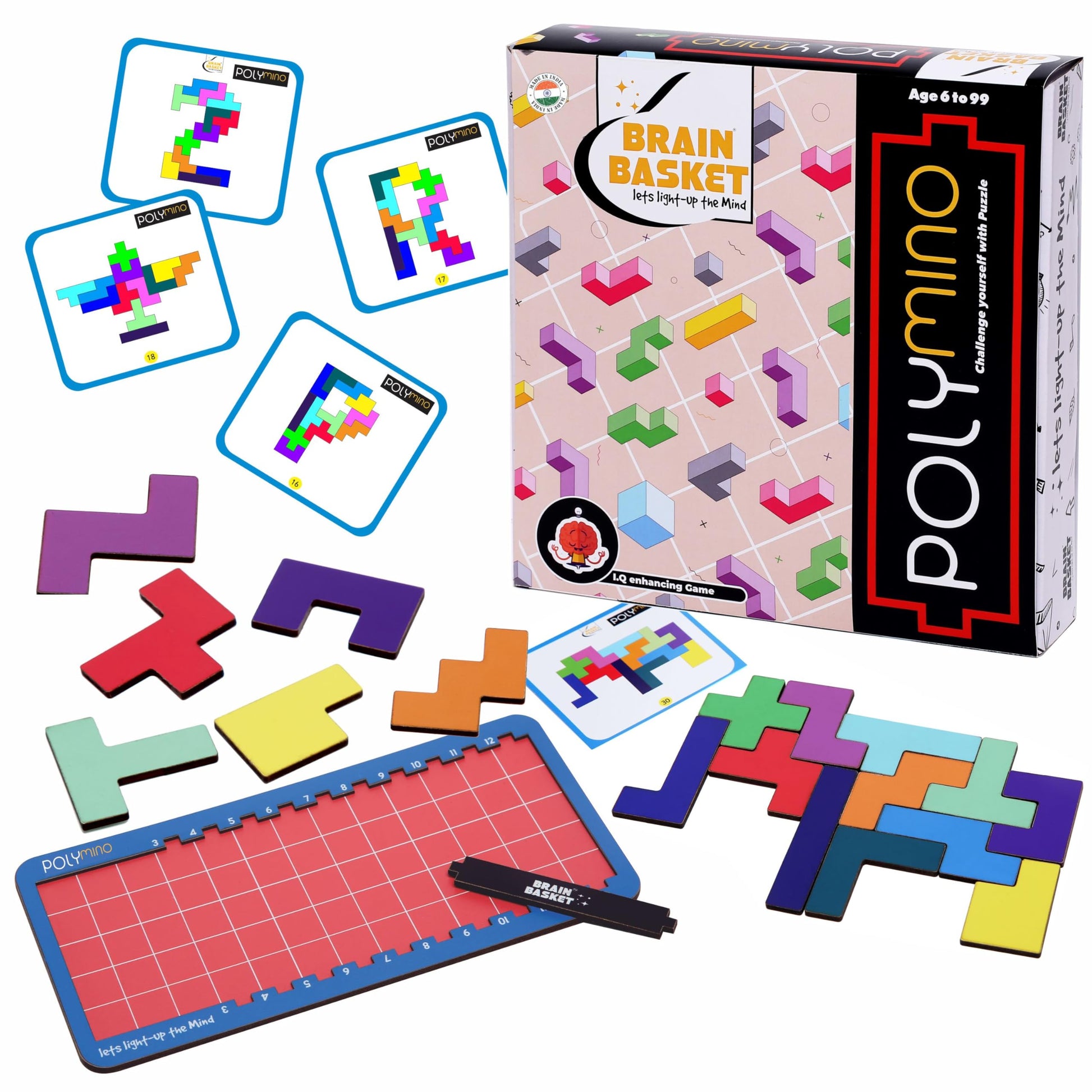 Brain Basket Polymino Block Puzzle Game With 30 Flashcards For Kids Ages 6+ Years | Brain Logic Board Game And ProblemSolving M