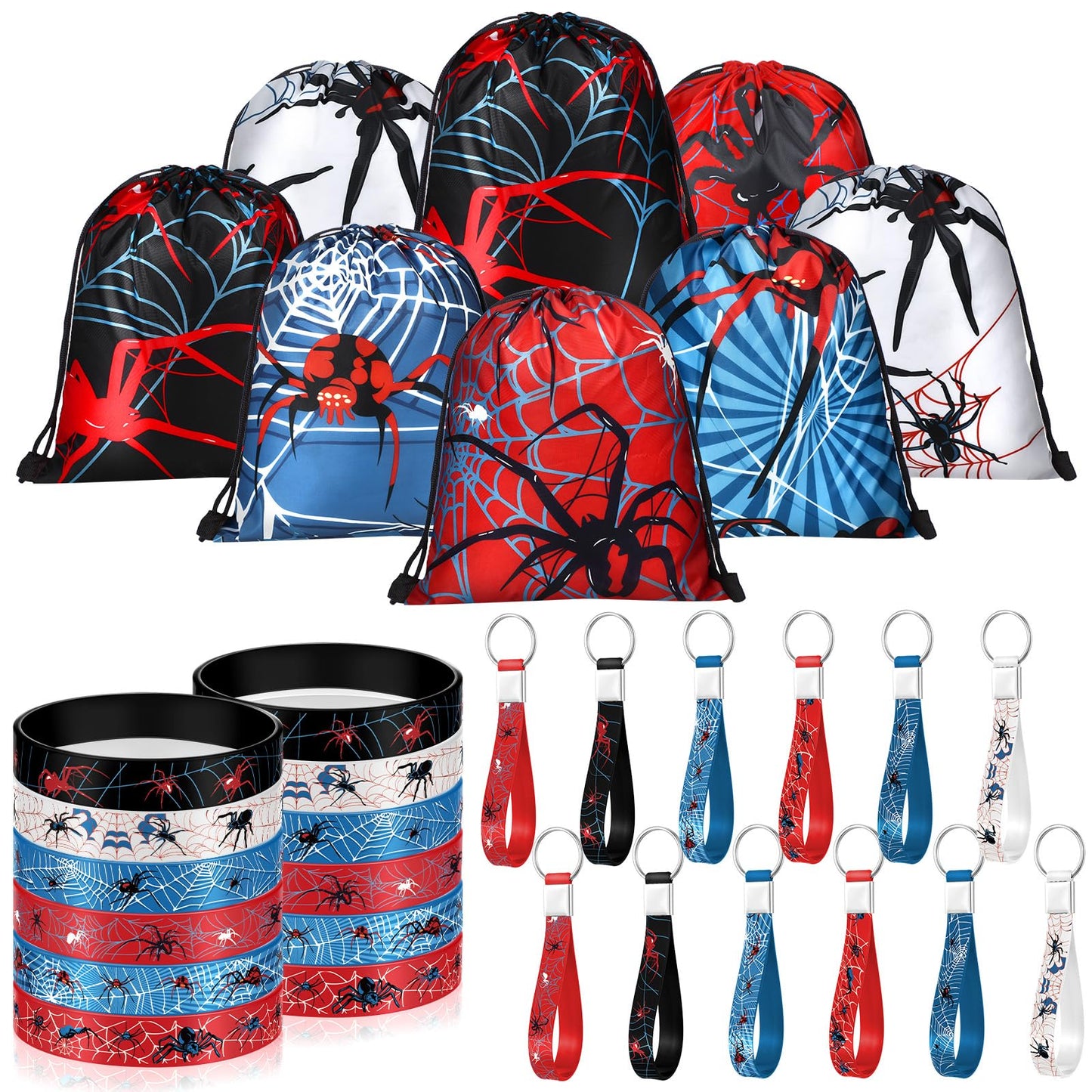 Lothee 32 Pieces Spiderweb Birthday Party Decoration Set Spiderweb Drawstring Bags Funny Travel Sack Backpack Rubber Bracelets W
