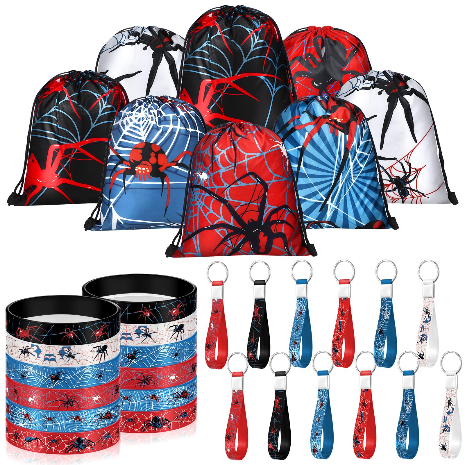 Lothee 32 Pieces Spiderweb Birthday Party Decoration Set Spiderweb Drawstring Bags Funny Travel Sack Backpack Rubber Bracelets W