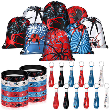 Lothee 32 Pieces Spiderweb Birthday Party Decoration Set Spiderweb Drawstring Bags Funny Travel Sack Backpack Rubber Bracelets W