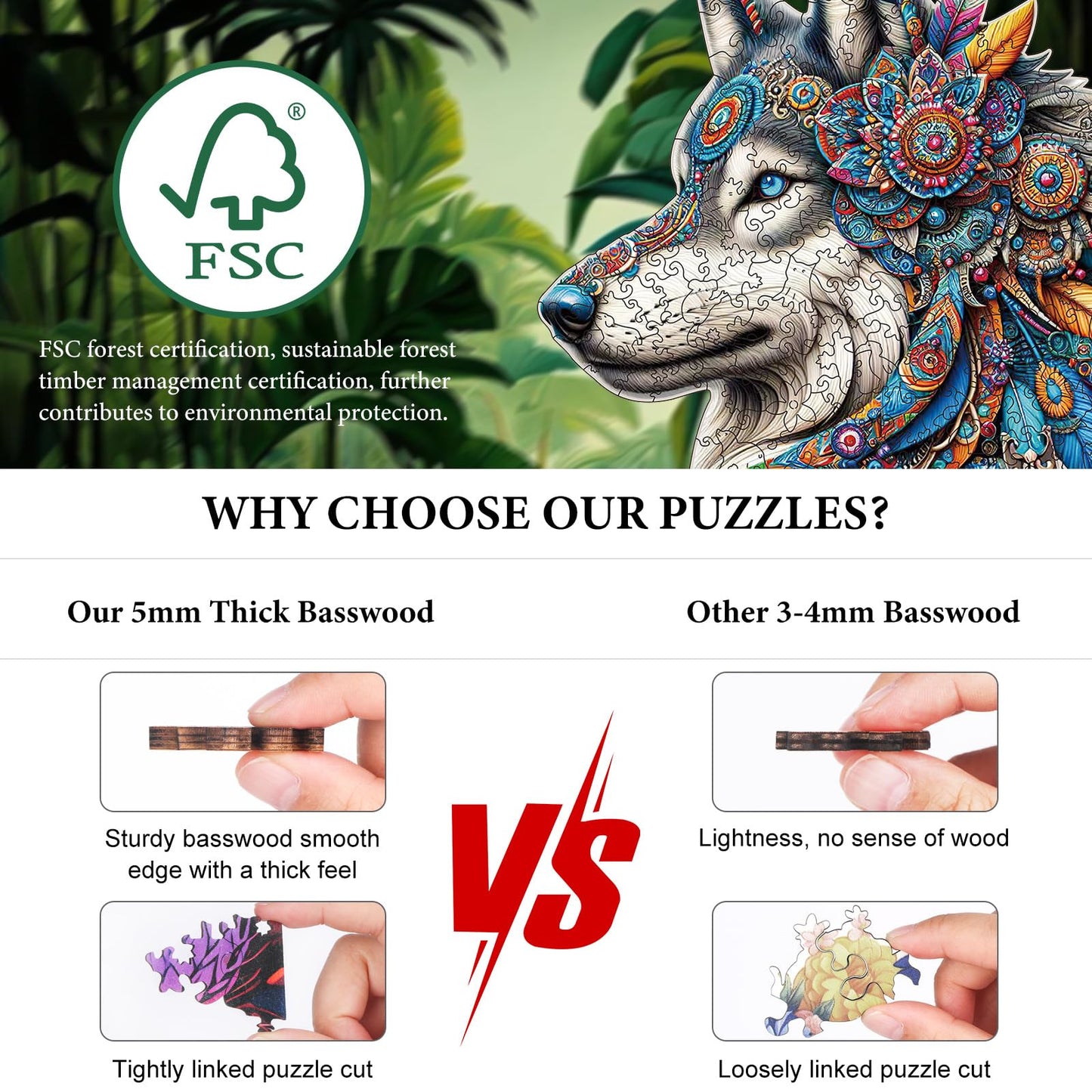 Amphol Wooden Jigsaw Puzzles For Adults, Wolf Medium 11''X10.3'' Wooden Puzzles With Unique Shape, 200 Pieces Wooden Puzzles Wit