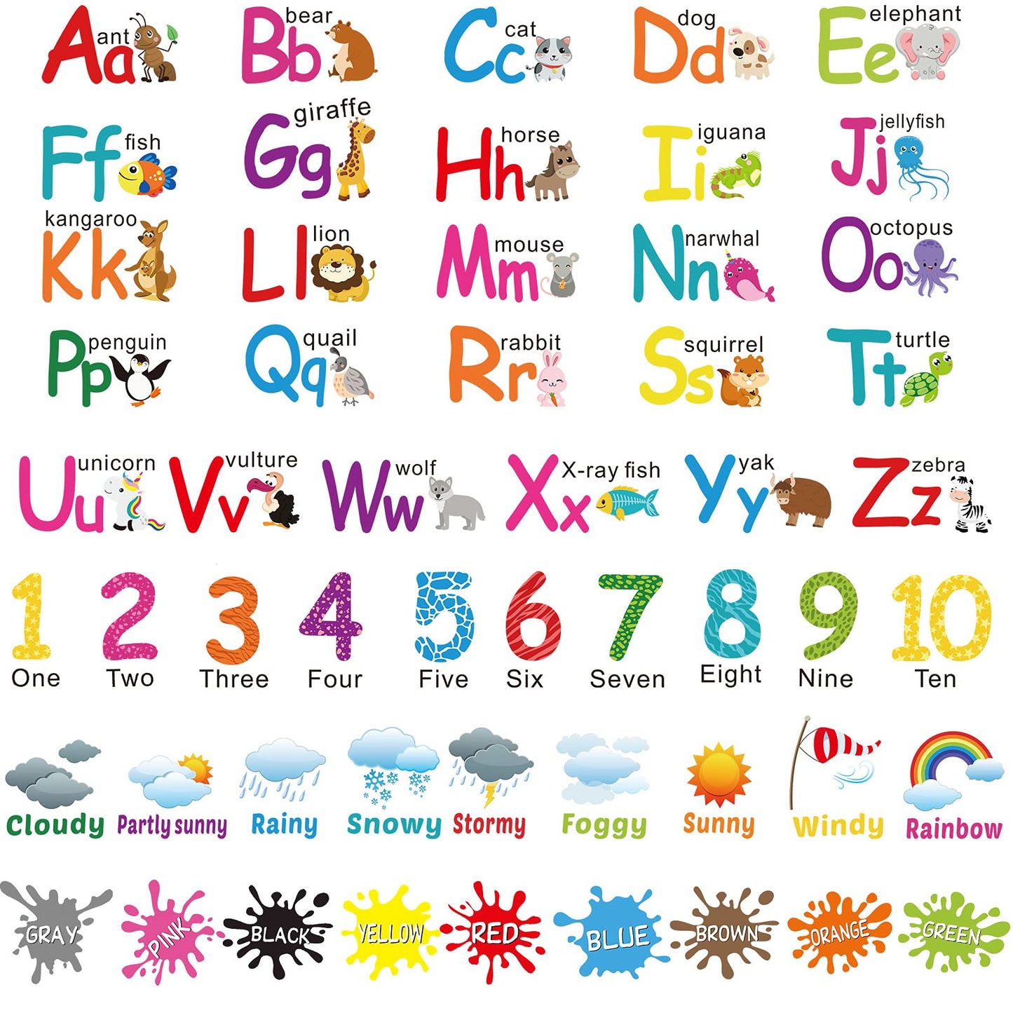 6 Sheets Alphabet Number Color Weather Learning Educational Wall Decals Peel and Stick Alphabet Wall Stickers Educational Classr