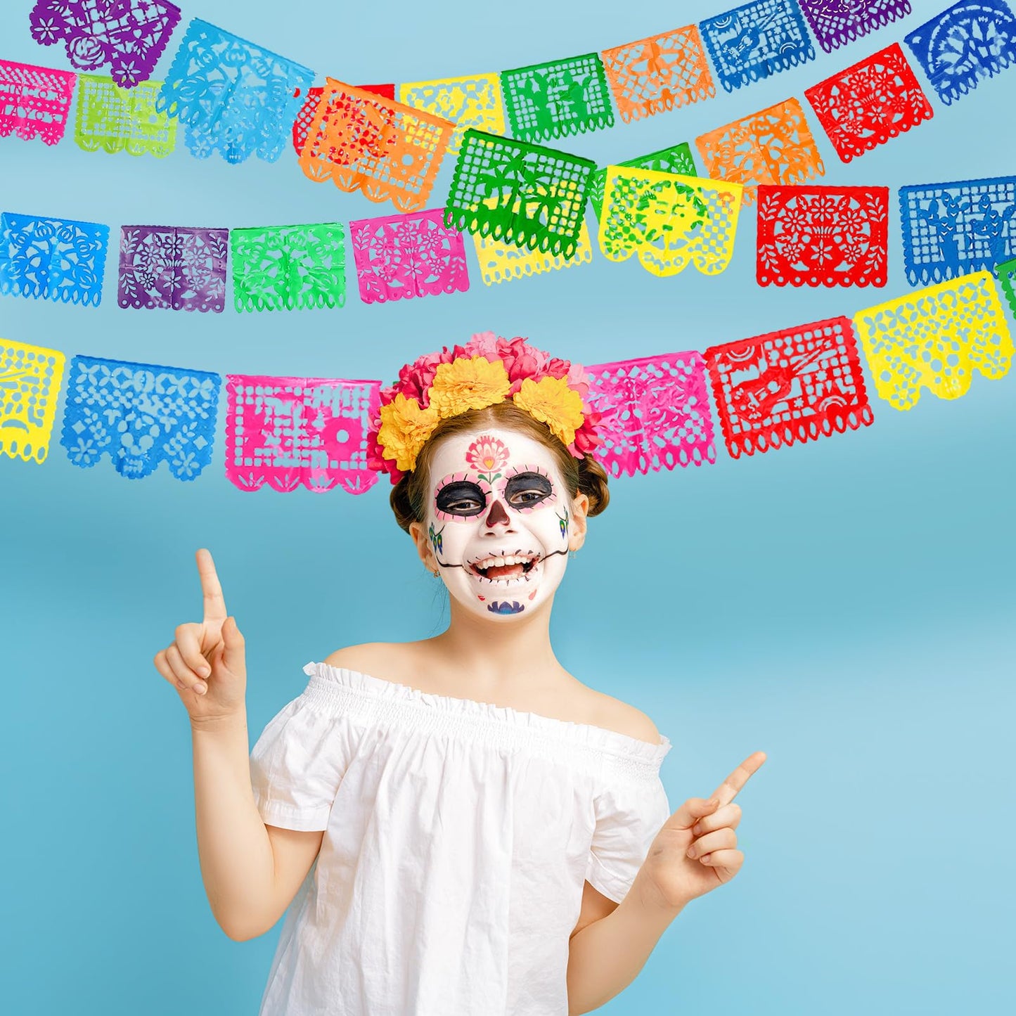 4 Packs Mexican Party Banner 60 Feet Fiesta Plastic Papel Picado Banner Cinco de Mayo Dia De Los Muertos Decor Day of The Dead D
