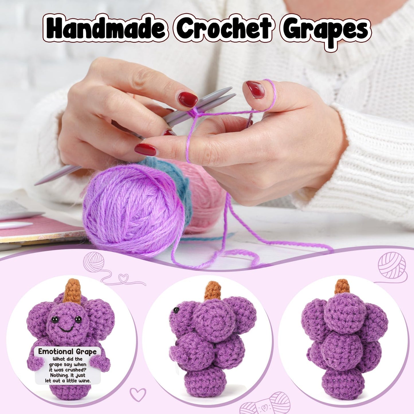 Weming Emotional Supporting Grapes, Handmade Positive Crochet Grapes Plush, Funny Gift For Coworker, Friend, Or Loved One, Perfe