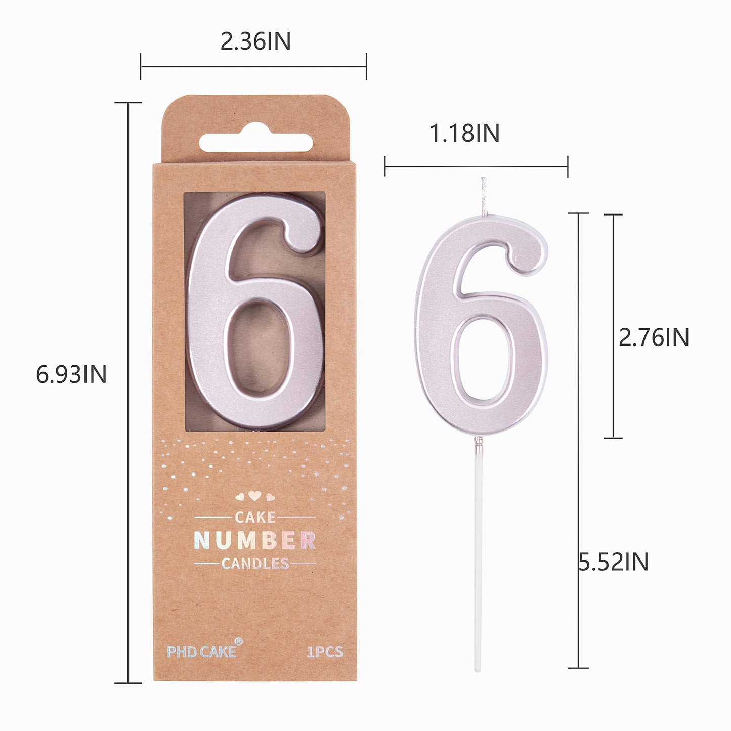 PHD CAKE 2.76 Inch Modern Rose Gold 6 Number Birthday Candles, Cake Candles for Party Celebration
