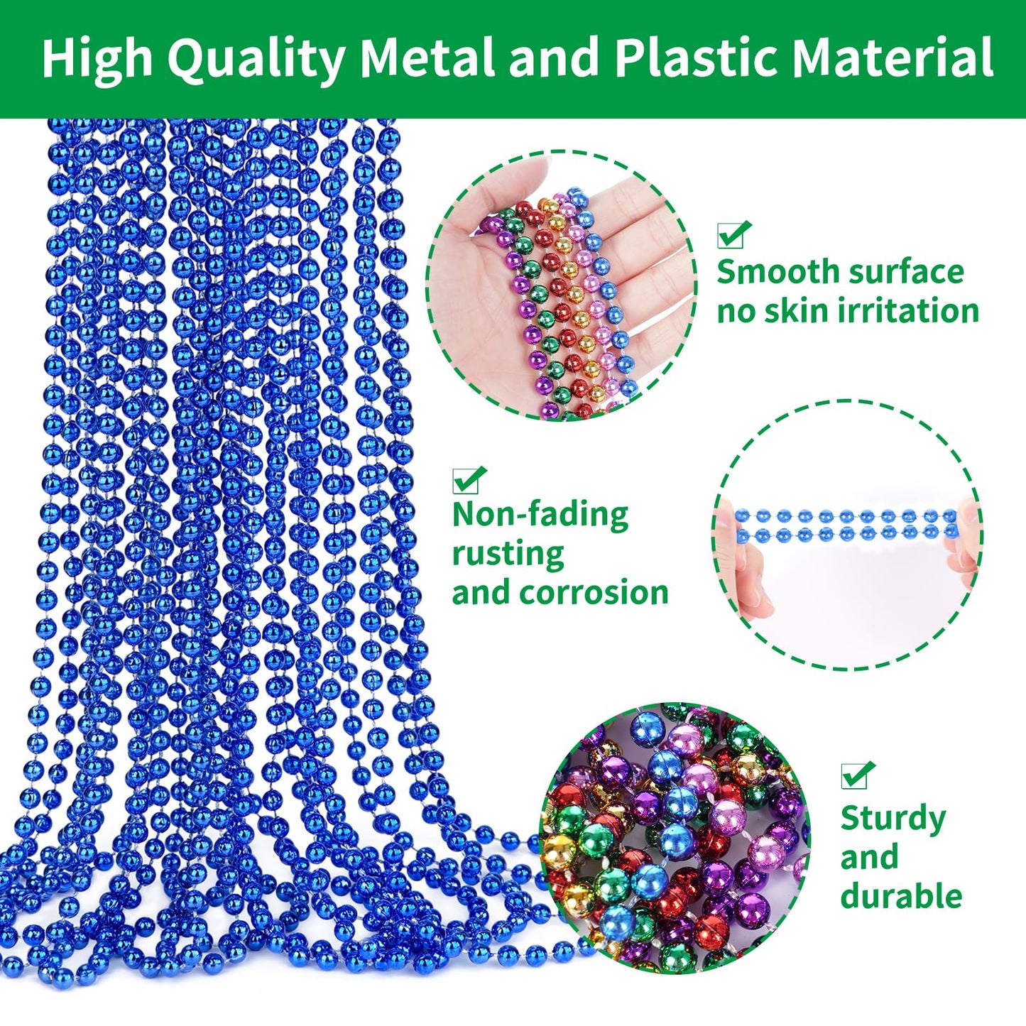 YAXINRUI 33 Inch 7 mm Metallic Blue Bead Necklaces, 15pcs Mardi Gras Beads Bulk Round Beaded Necklaces Costume Necklace for Mard