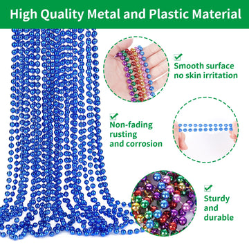 YAXINRUI 33 Inch 7 mm Metallic Blue Bead Necklaces, 15pcs Mardi Gras Beads Bulk Round Beaded Necklaces Costume Necklace for Mard