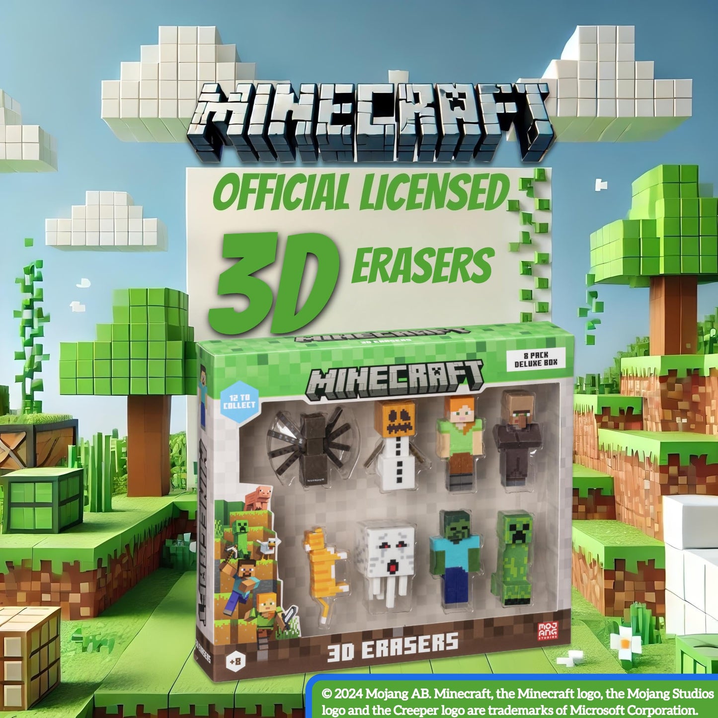 Mine Craft 3D Erasers, 8-Pack Deluxe Collector Set, 12 Iconic Characters to Collect, Own The Entire Series (- Steve - Creeper -