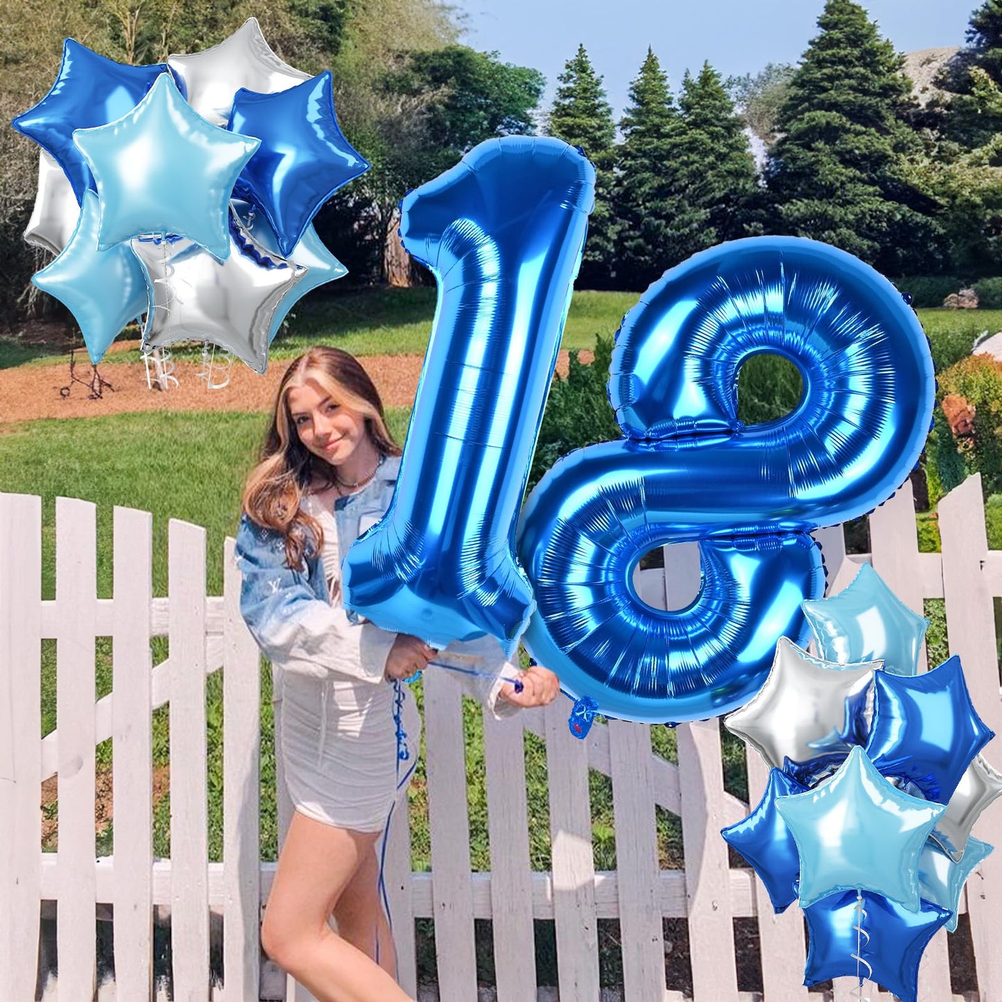40 Inch Number 18 Balloons For Men, Dark Metallic Blue Large 18Th Birthday Balloon Decor, Silver Light Royal Sky Teal Blue Self